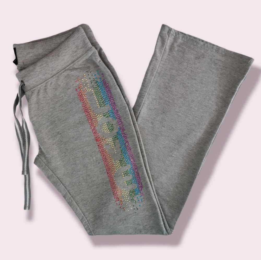 LAVC Womens Grey Drawstring Yoga Pants with Rainbow LOVE Design Size Large